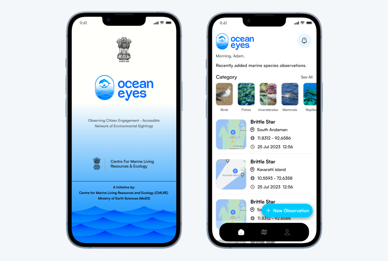 Screenshots of the landing page and home page of the OceanEyes app.
